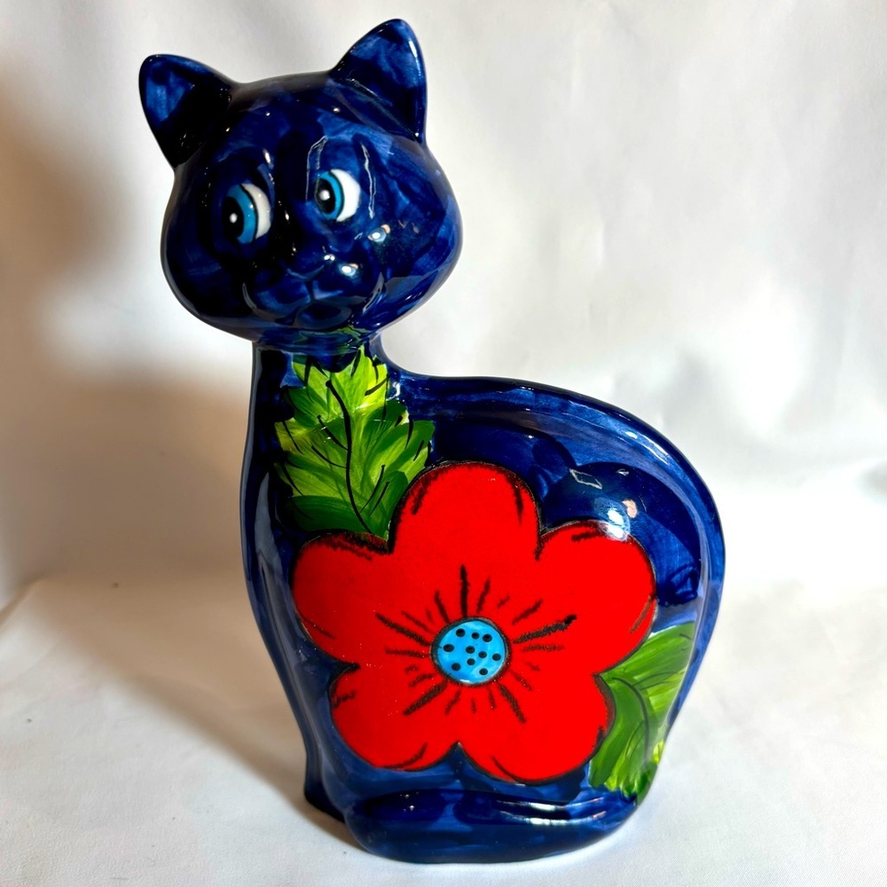 TUROV 1998 Vintage Ceramic Cat with Floral Motif Rare